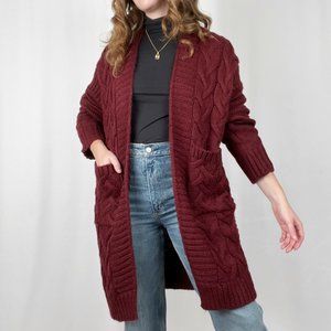 Vintage Handmade Cable Knit Long Duster Cardigan Sweater Open Chunky Cozy Aran